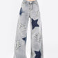 High Waist Stars Embroidered Long Washed Jeans