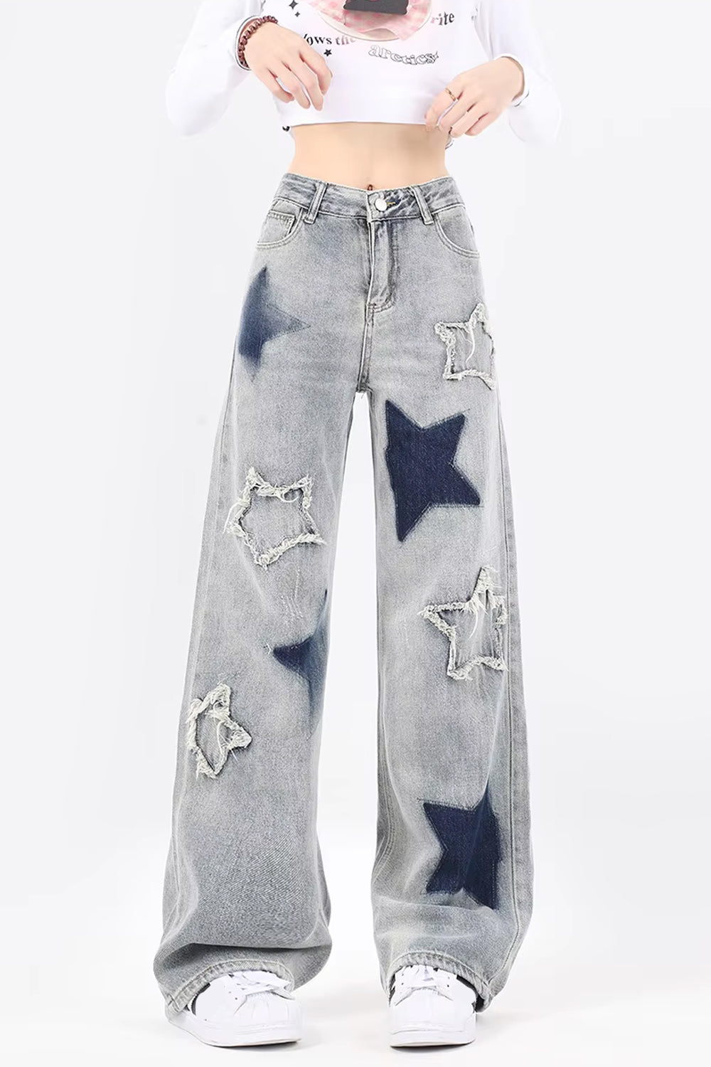 High Waist Stars Embroidered Long Washed Jeans