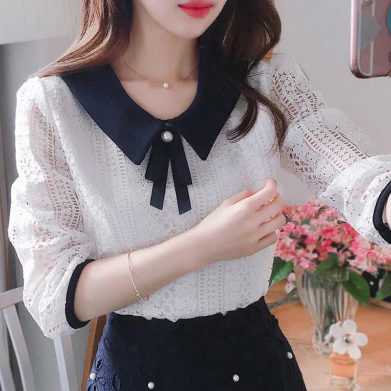 Half Sleeve Lace Hollow Out Office Blouse Shirt