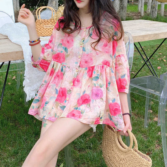 Short Sleeve Floral Pattern Ruffle Blouse Shirts