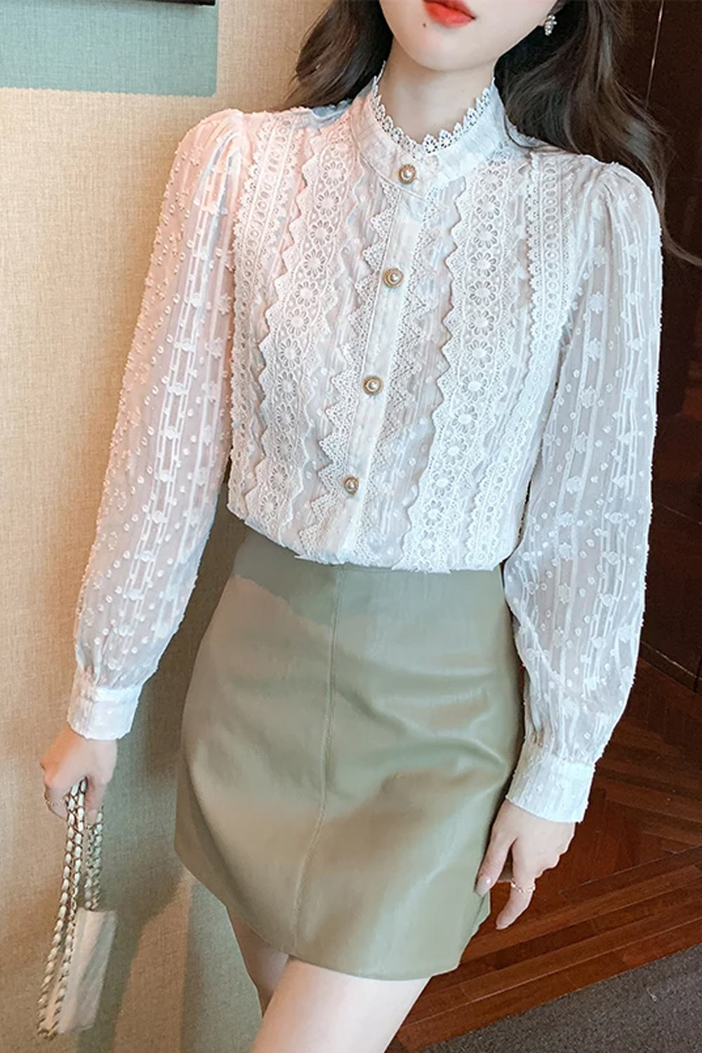 Long Sleeve High Collar Lace Blouse Shirt