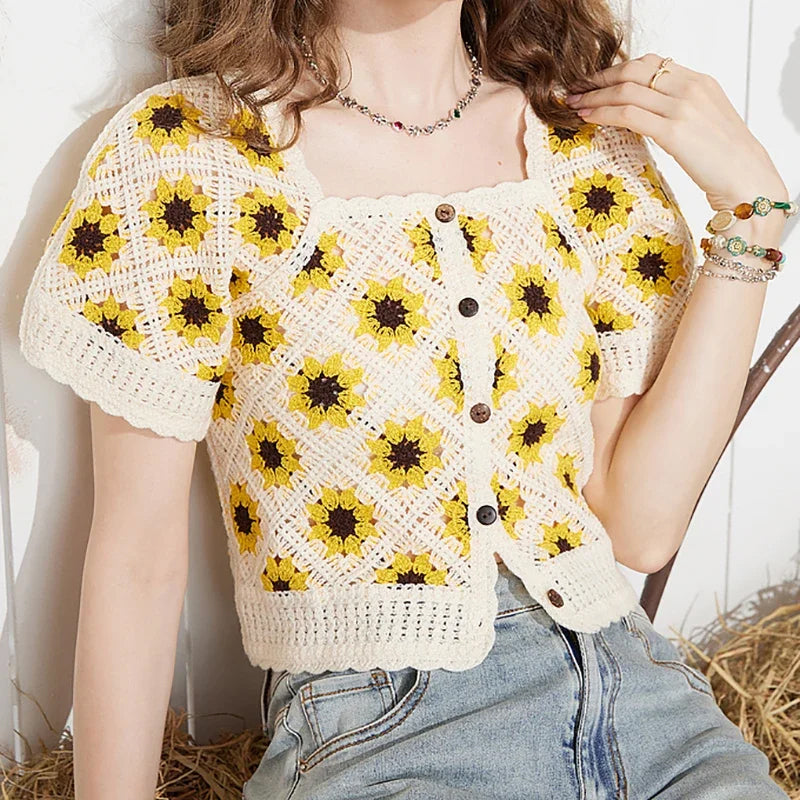 Square Collar Flowers Embroidered Knitted Ruffle Shirt