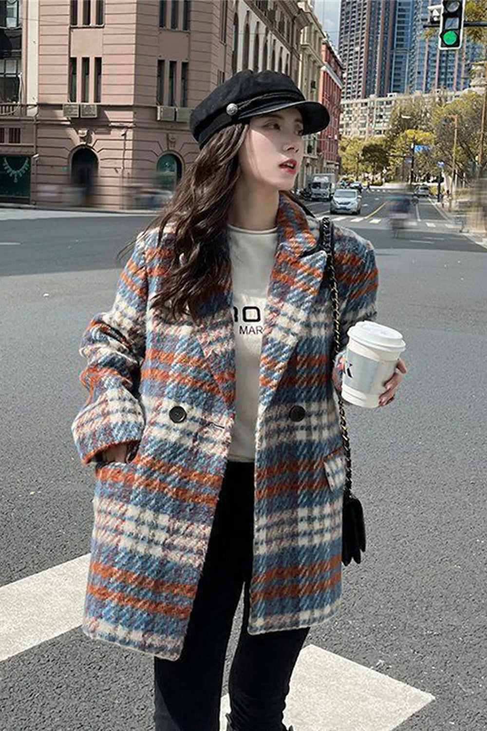 Vintage Mid Length Plaid Coat Jacket