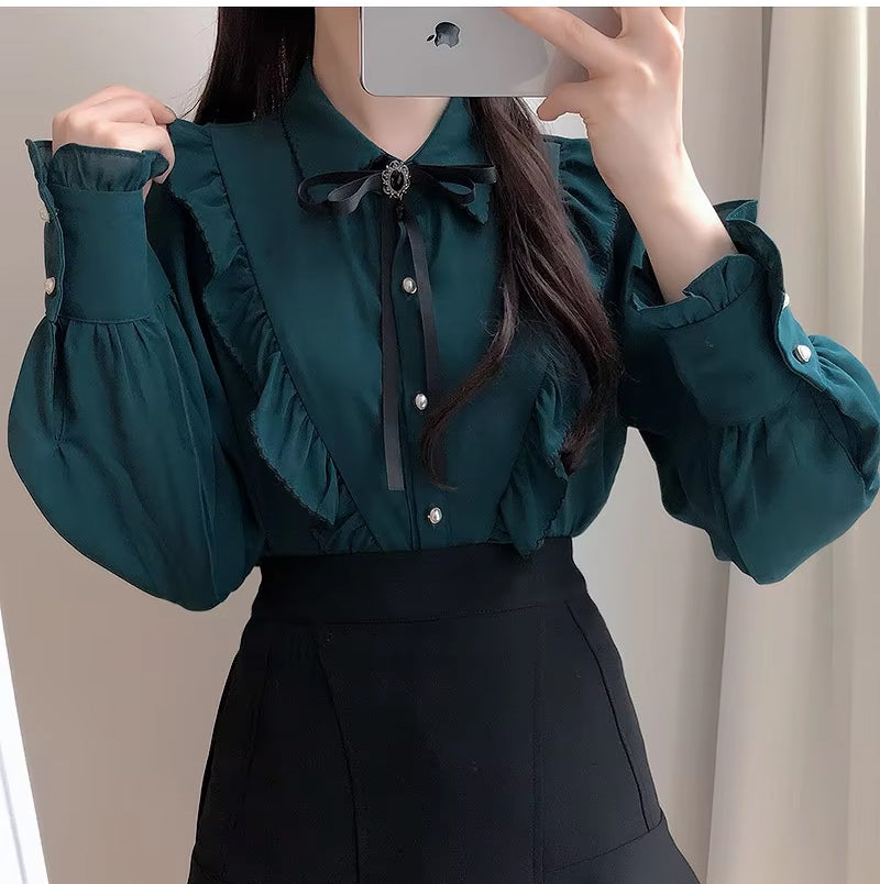 Long Sleeve Bow Tie Style Blouse Shirt