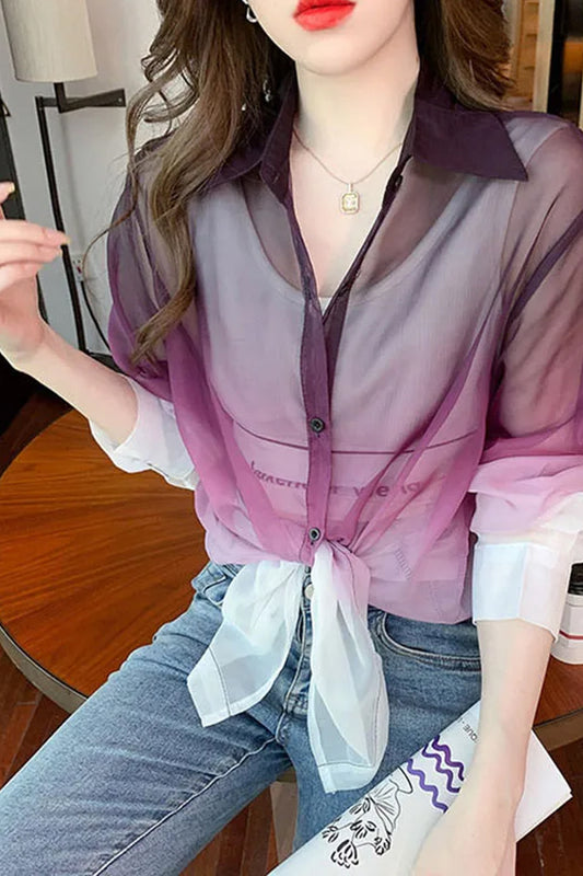 Long Sleeve Gradient Colors Transparent Blouse Shirts