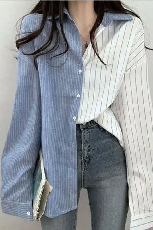 Long Sleeve Two Colors Combination Striped Blouse Shirt