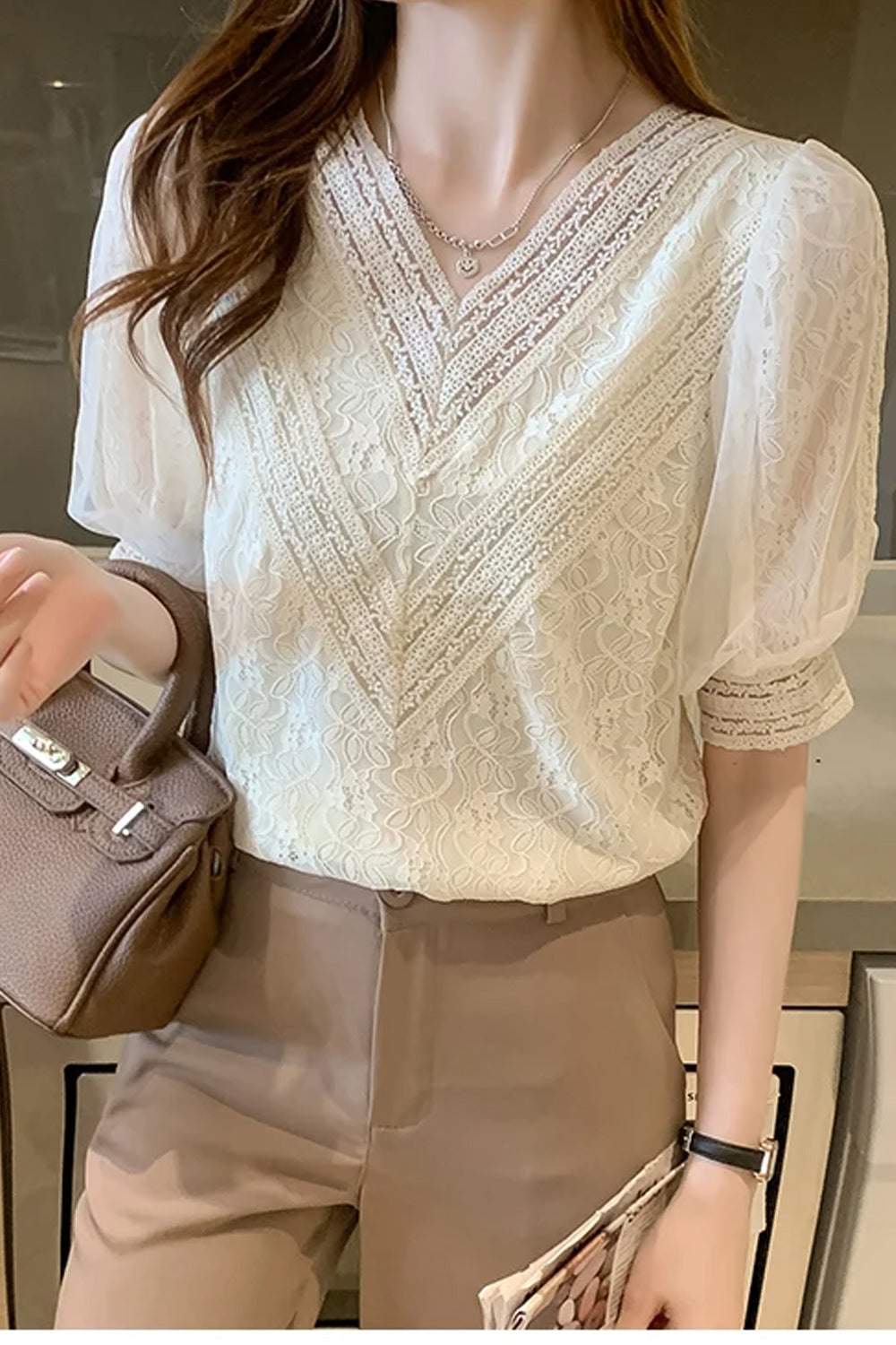 Short Sleeve V-Neck Lace Apricot Blouse ShirtShort Sleeve V-Neck Lace Apricot Blouse Shirt