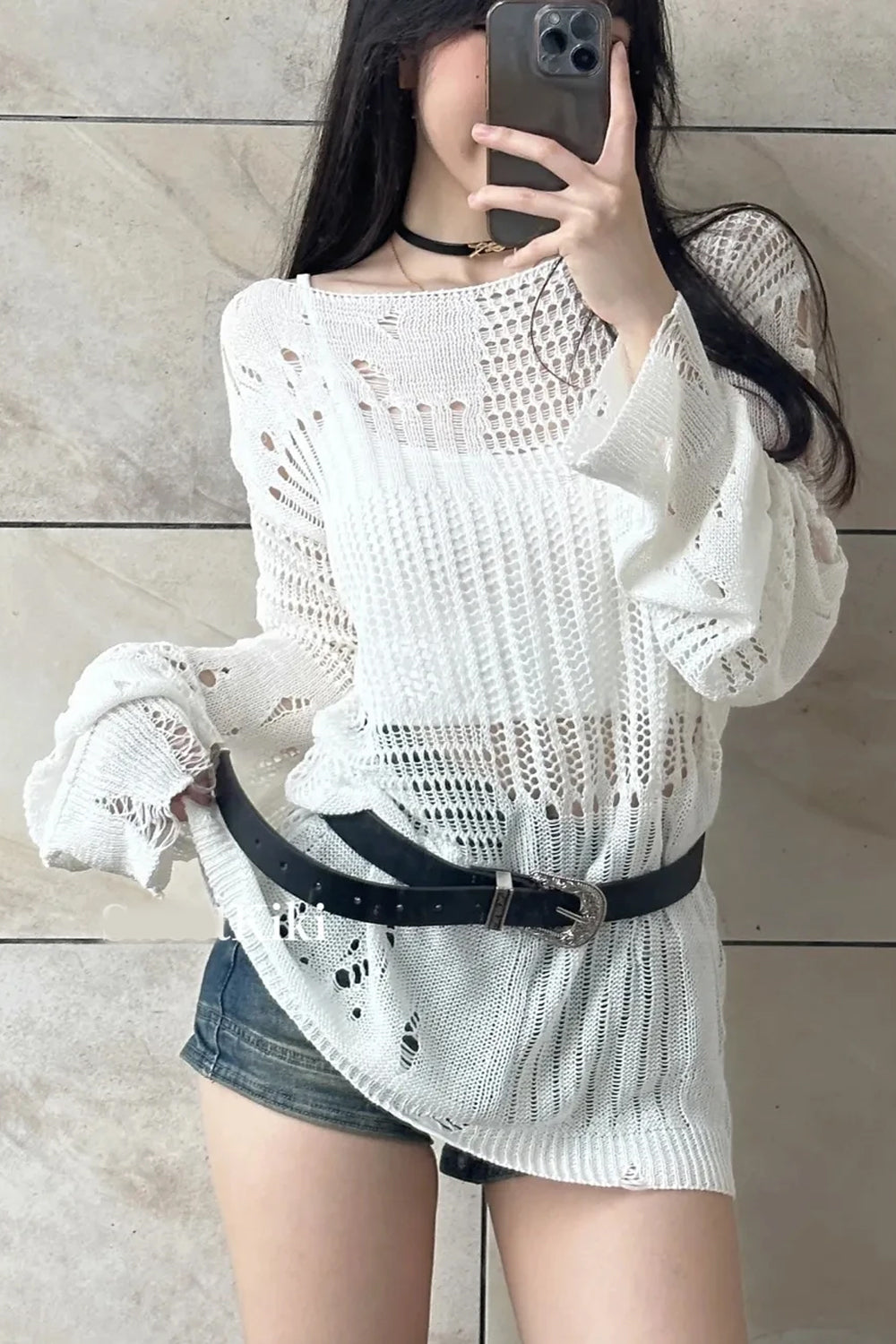 Long Sleeve Hollow Gothic Style Knitted Shirt