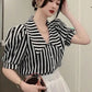 Puff Sleeve Cute Bow Collar Striped Office Blouse Shirts