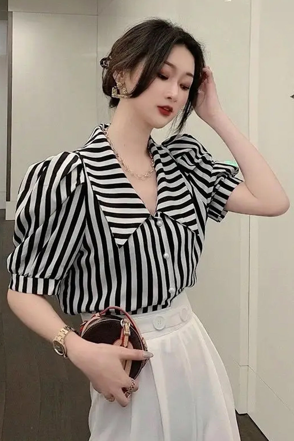 Puff Sleeve Cute Bow Collar Striped Office Blouse Shirts