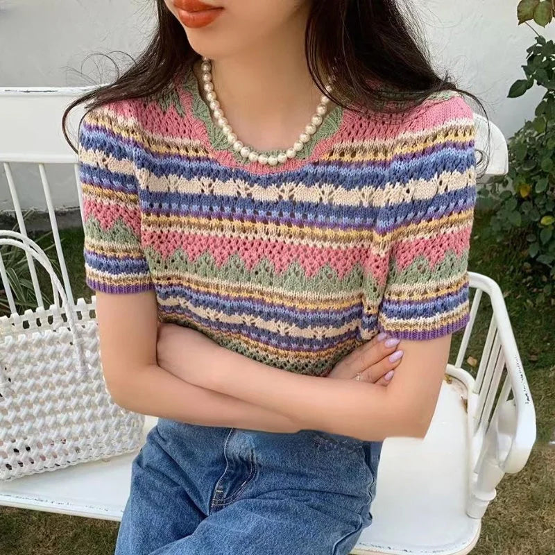 Striped Knitted Hollow Out Crop Shirts