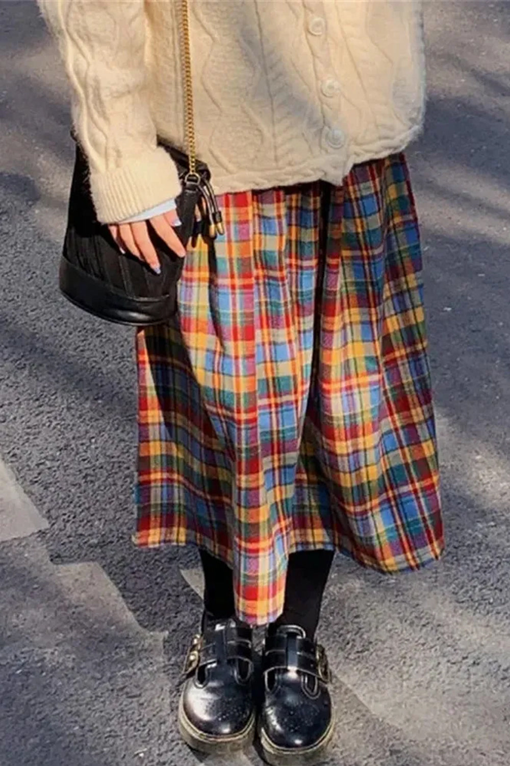 High Waist A-Line Wool Plaid Midi Skirt