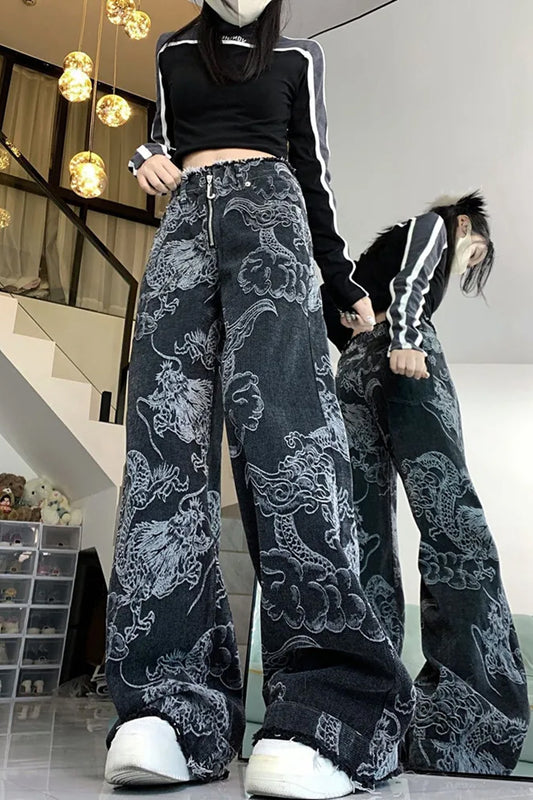 Loose Wide Leg Dragon Pattern Black Jeans Pants