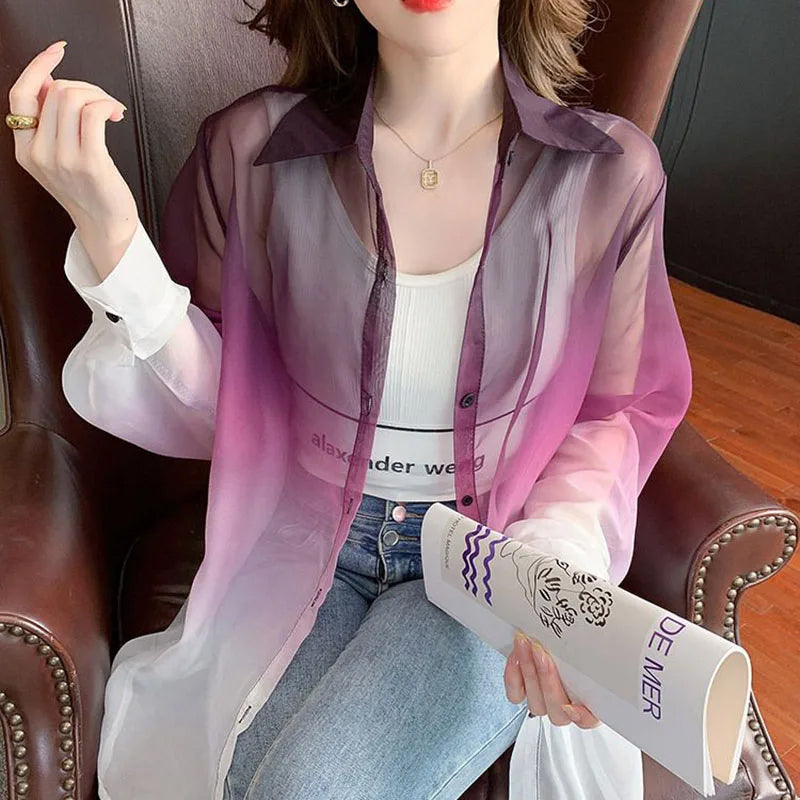 Long Sleeve Gradient Colors Transparent Blouse Shirts