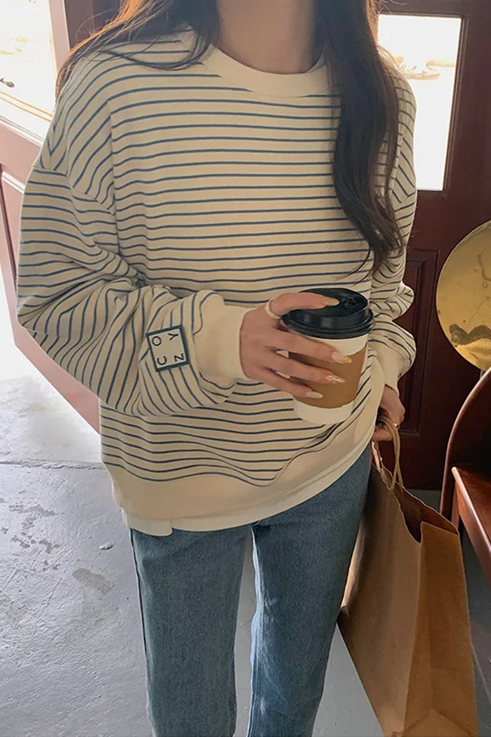 Long Sleeve Loose Thin Striped Sweatshirt