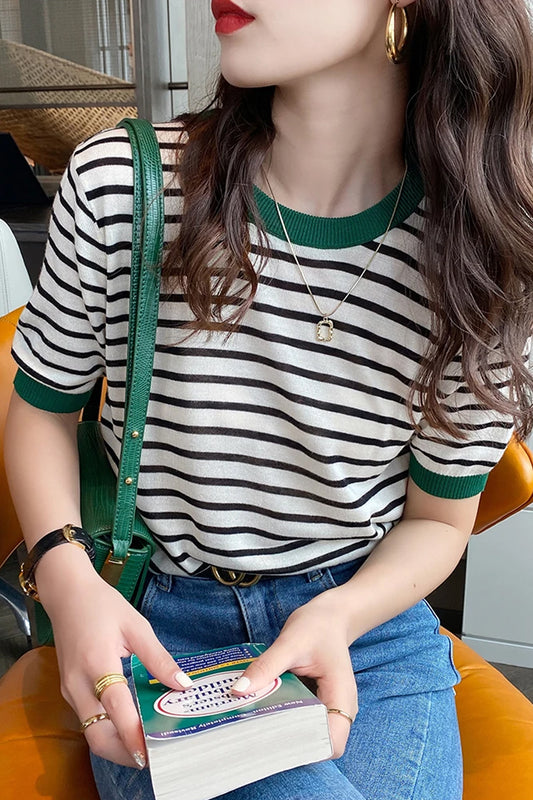 Short Sleeve O-Neck Knitted Stripe Shirt