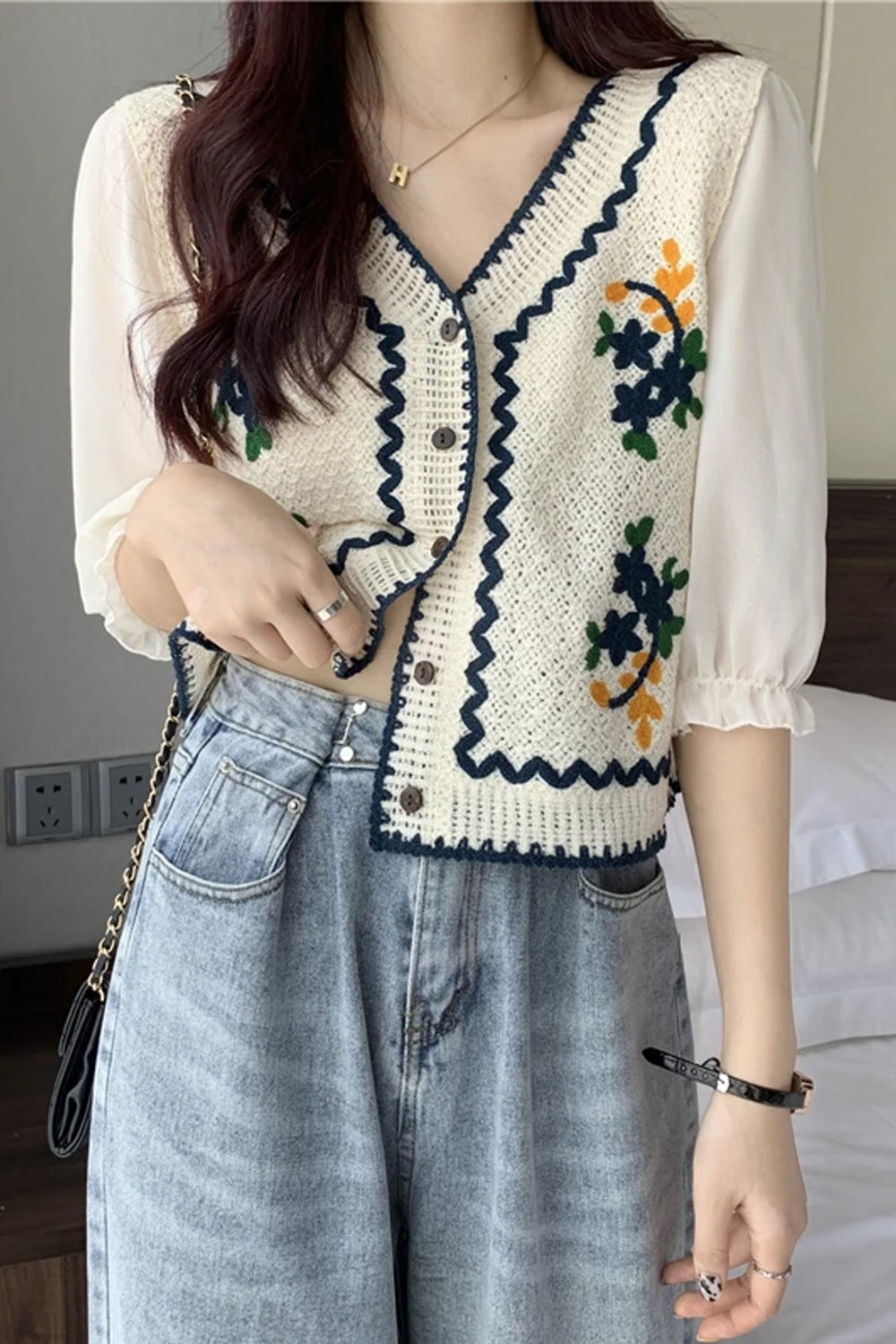 Flowers Embroidered Crochet Blouse Shirt