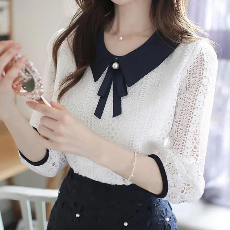 Half Sleeve Lace Hollow Out Office Blouse Shirt