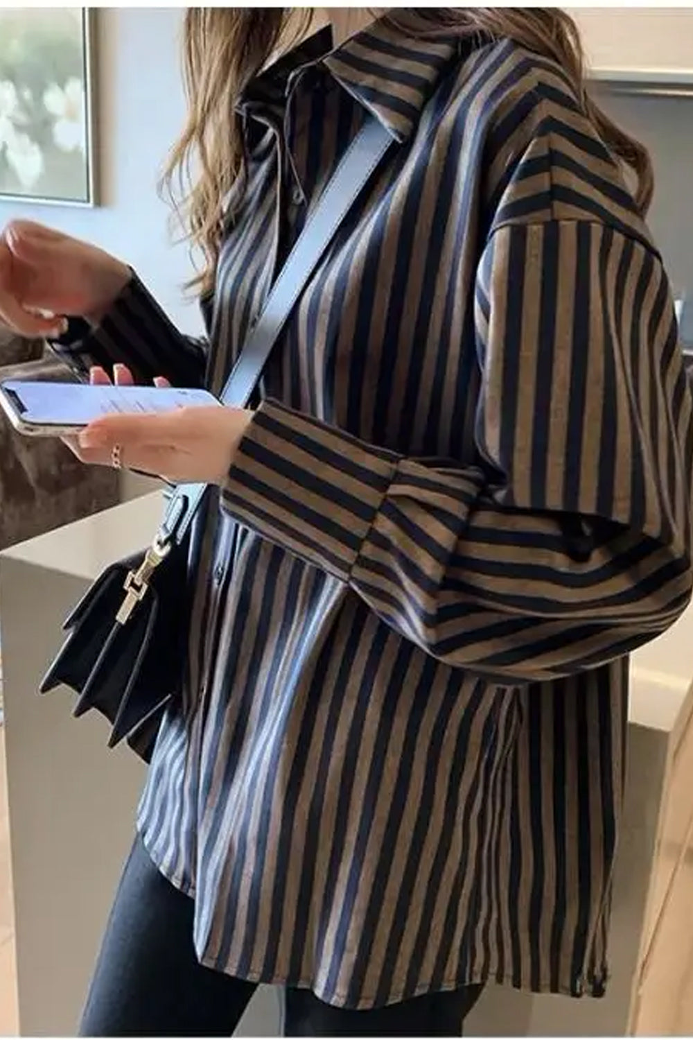 Long Sleeve Dark Color Striped Blouse Shirts