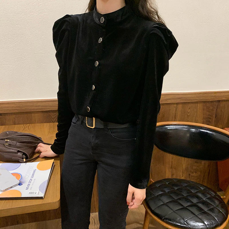 Long  Puff Sleeve Velvet Back Blouse Shirt