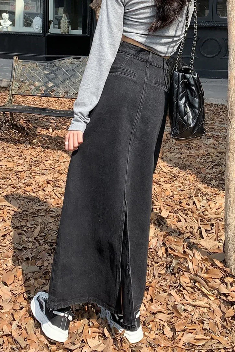 High Waist Vintage Black Denim Long Skirts