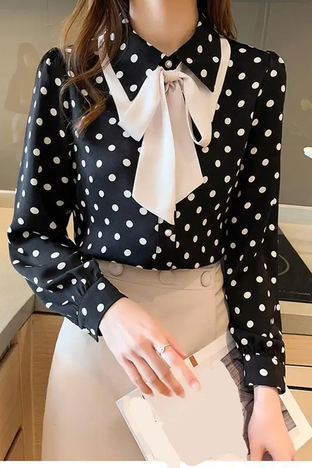 Long Sleeve Bow Style Polka Dot Pattern Blouse Shirt