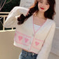 V-Neck Sweet Heart Printed Thin Sweater