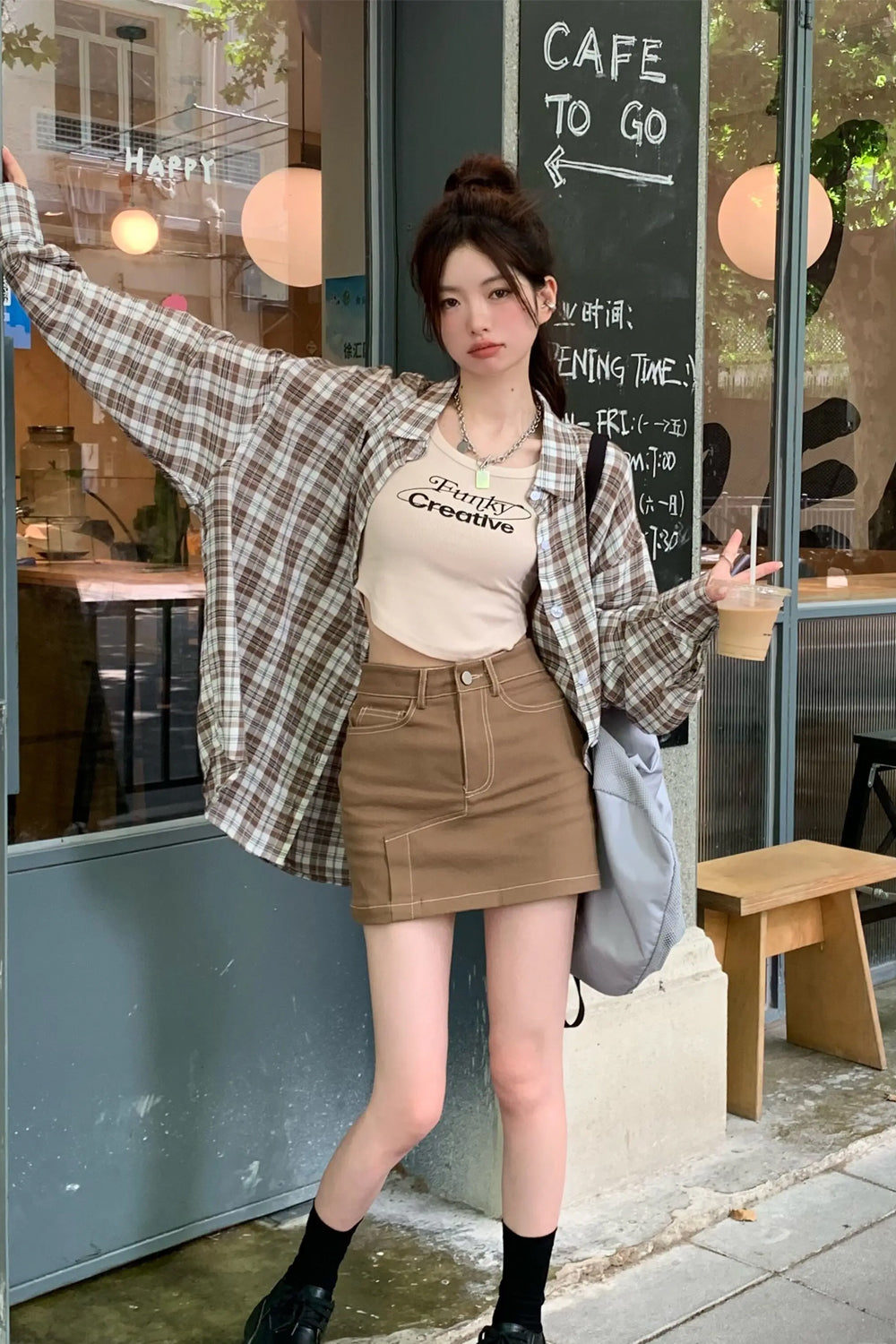 Long Sleeve Casual Brown Plaid Blouse Shirts