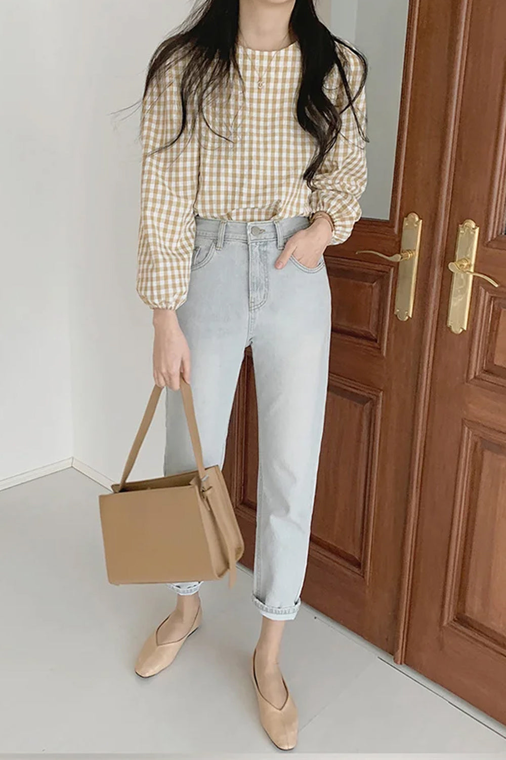 Retro Three Quarter Sleeve Plaid Blouse Shirts