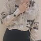 Long Sleeve Newspaper Pattern Casual Blouse Shirt