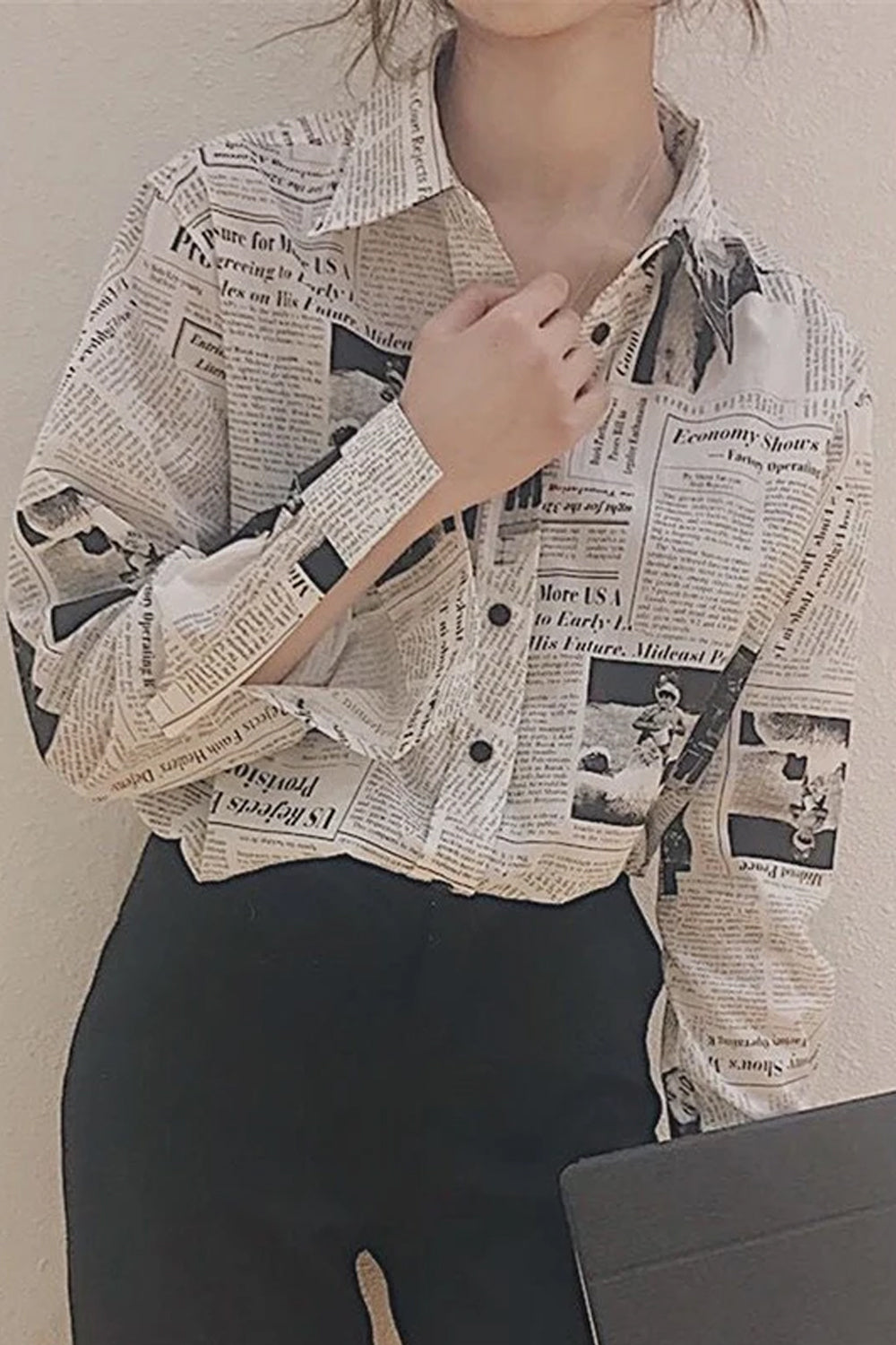 Long Sleeve Newspaper Pattern Casual Blouse Shirt