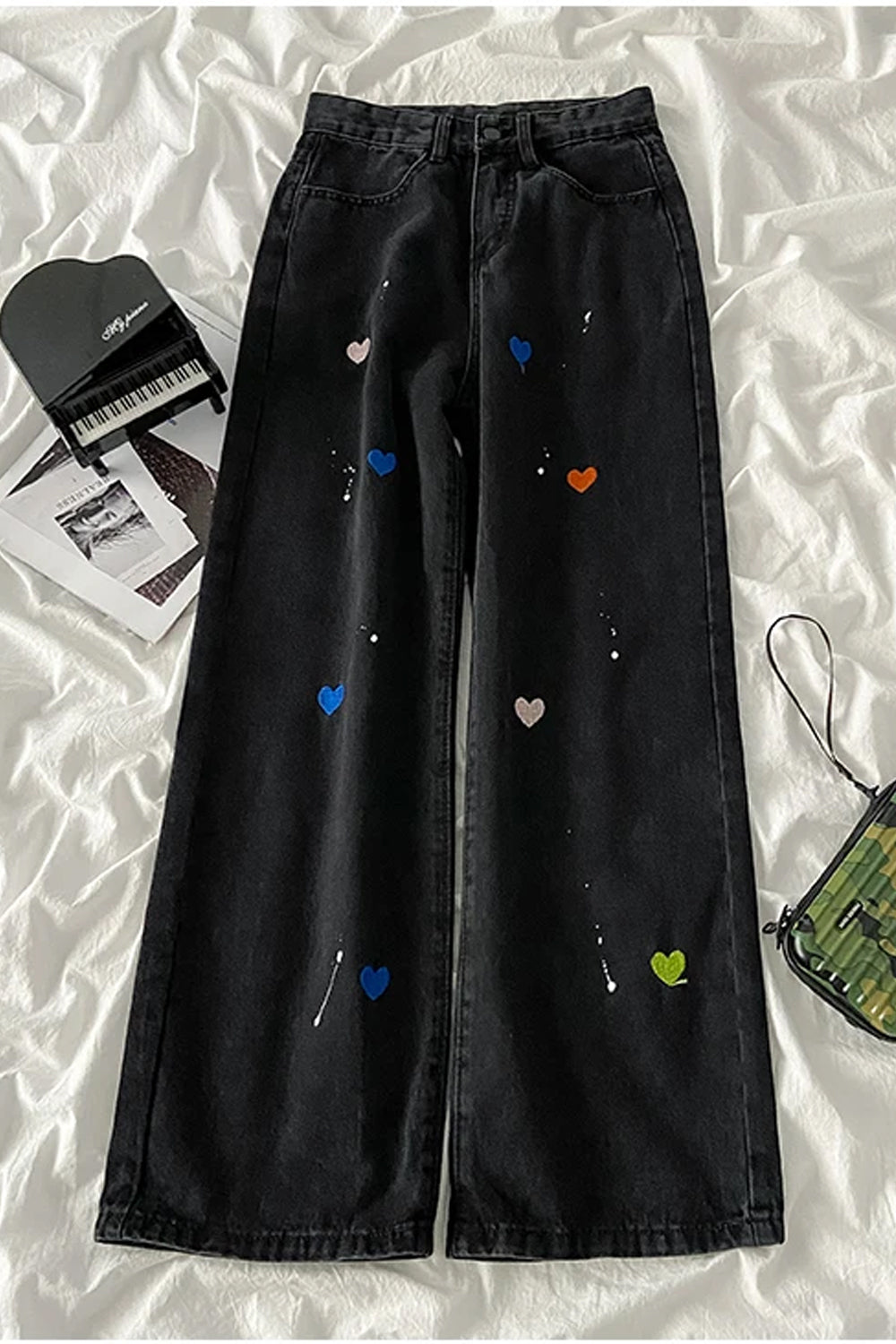 Colorful Heart Embroidered Black Jeans Pants