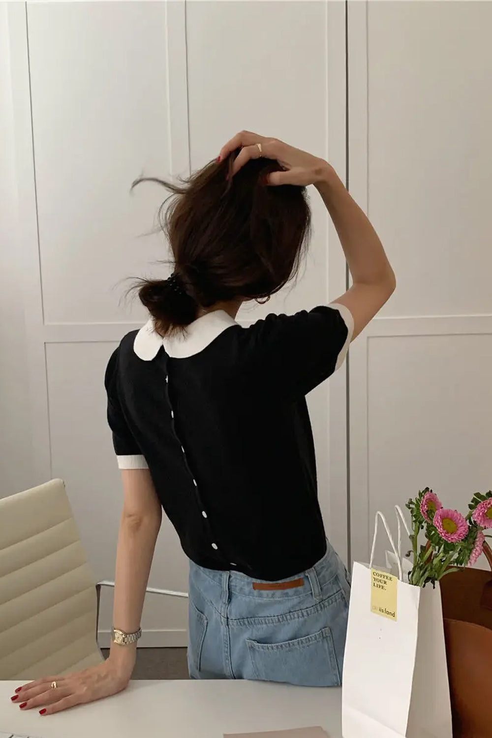 Puff Sleeve Back Button Up Shirt