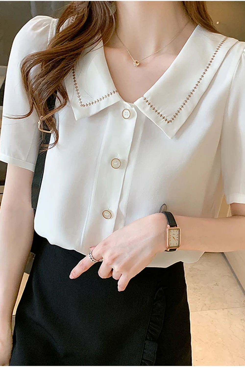 Short Sleeve Turn Down Collar Office Blouse Shirts