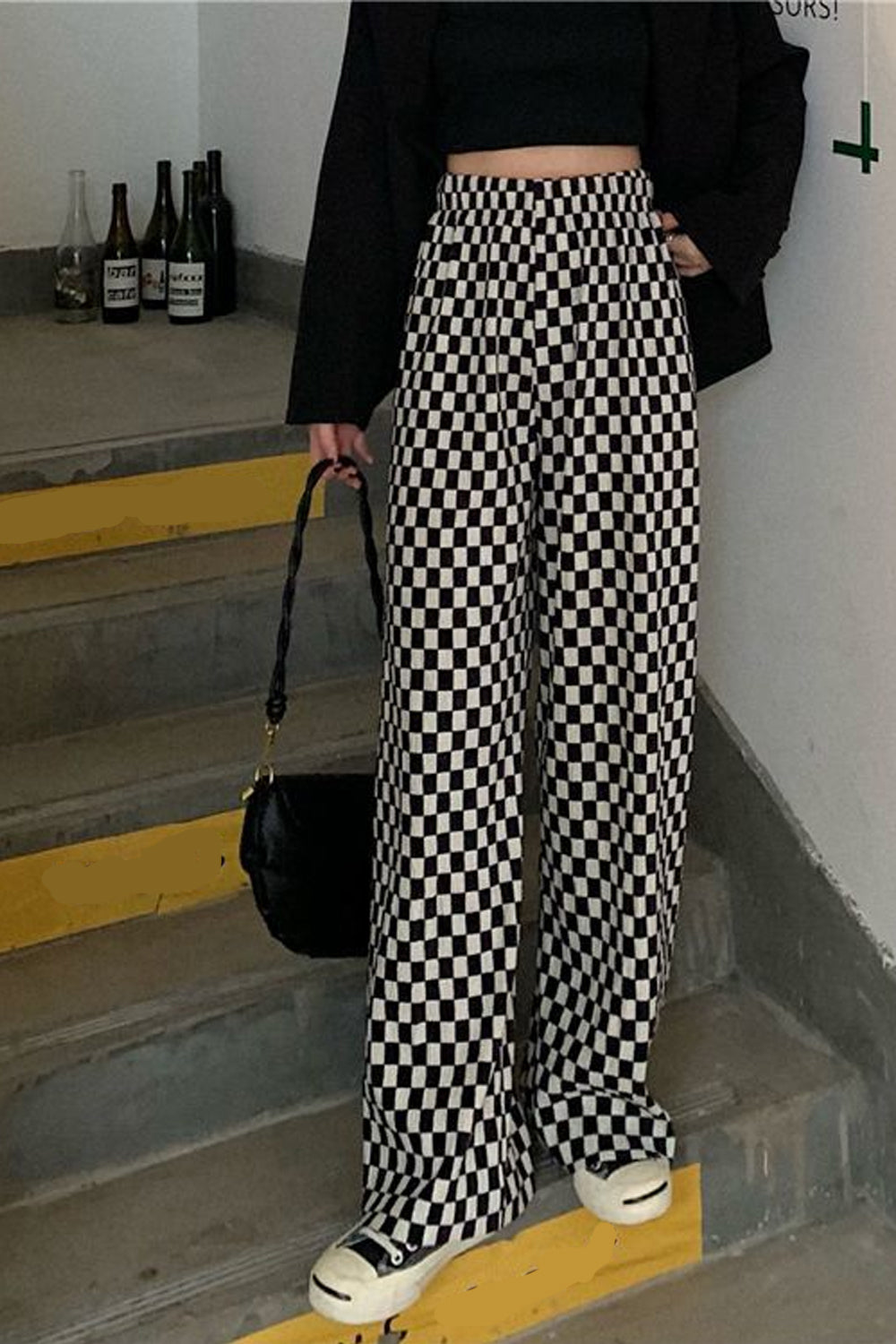 High Waist Black and White Plaid Long Pants