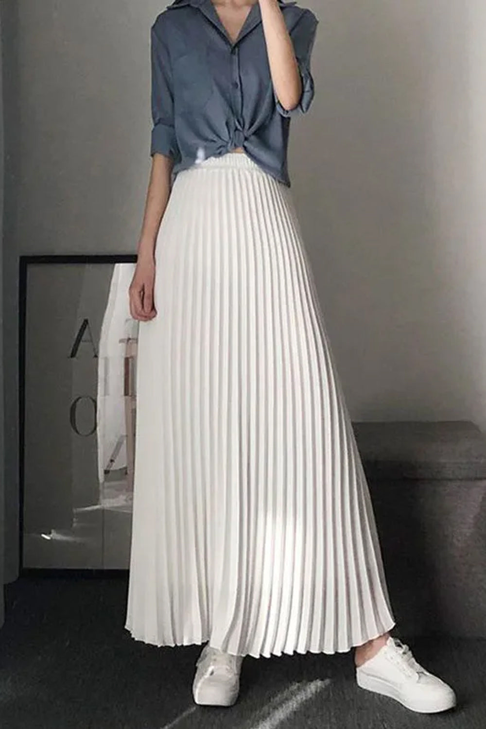 High Waist Solid Colors Long Pleated Skirts