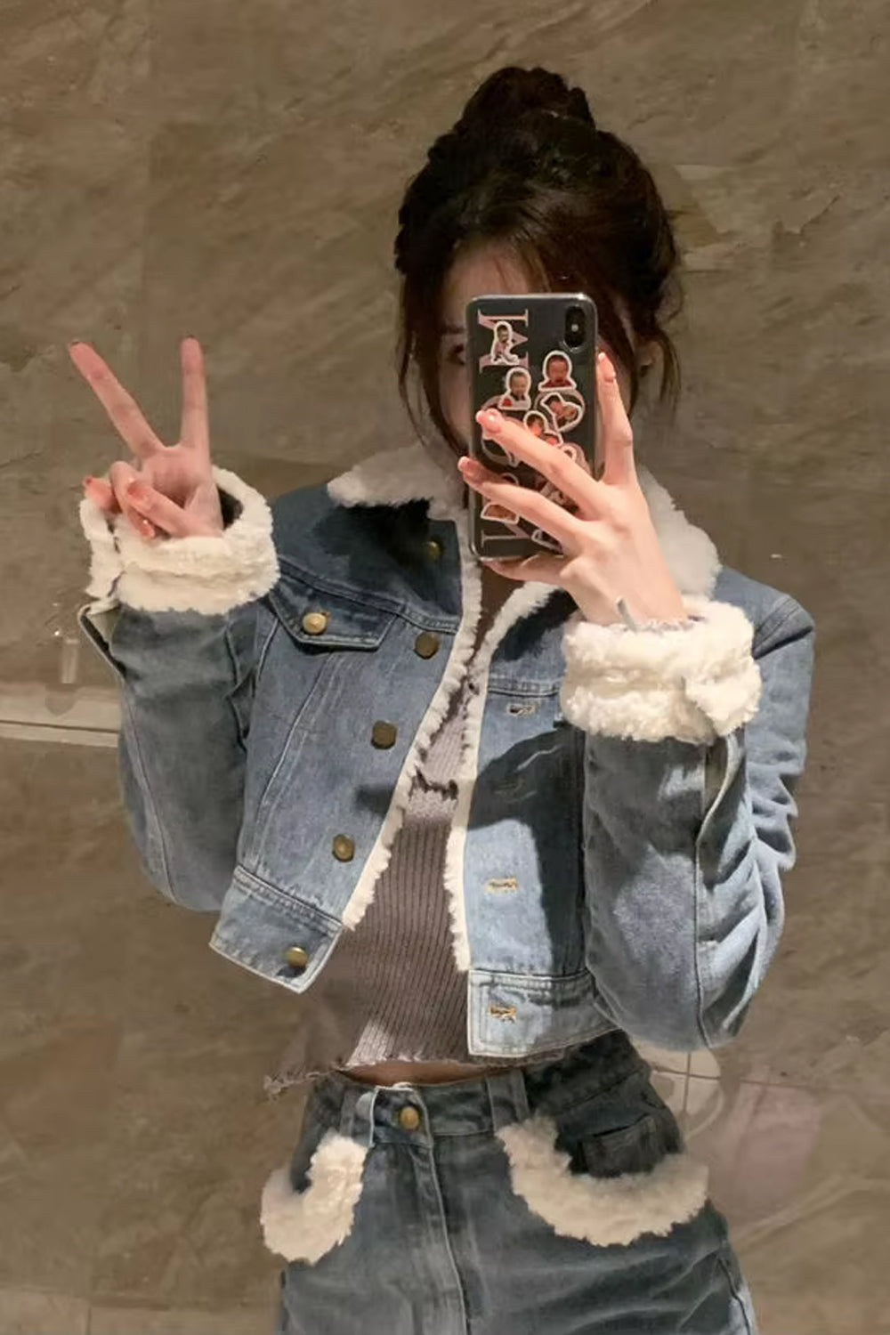 Two Piece Crop Denim Jacket With Mini Denim Skirt Outfit Set