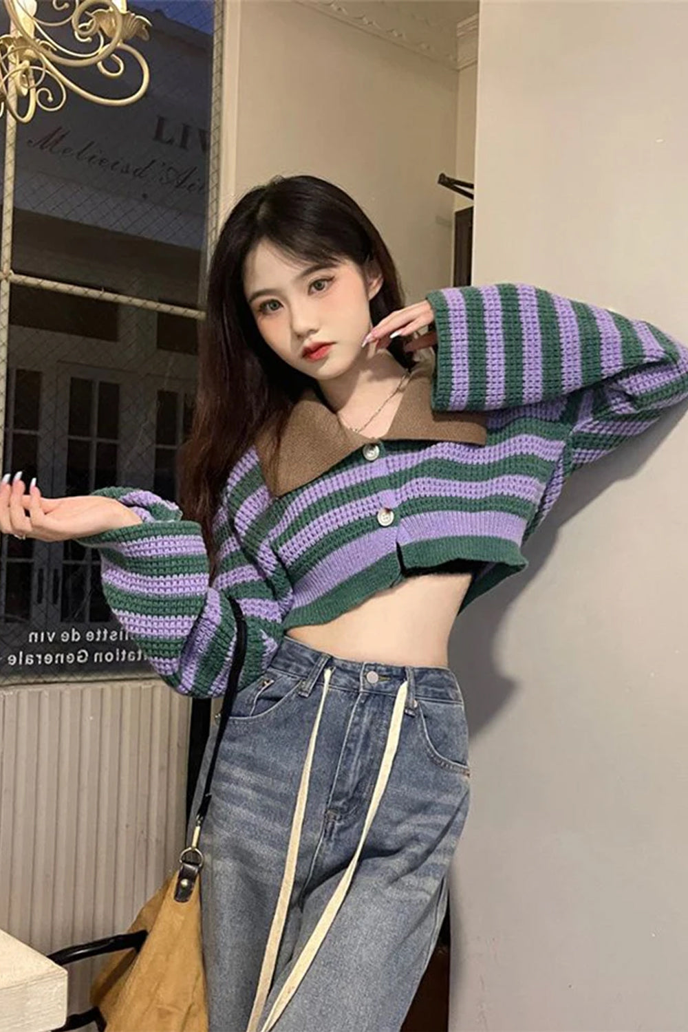 Striped Flare Sleeve Cropped Sweater