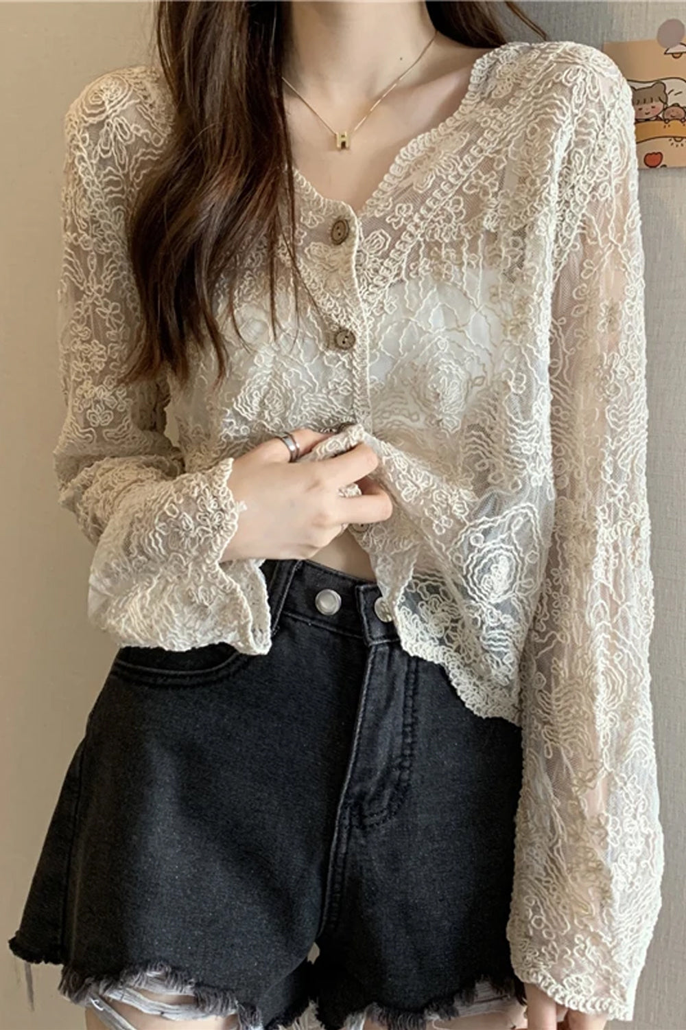 Long Sleeve Knitted Semi Transparent Embroidery Crochet Shirt