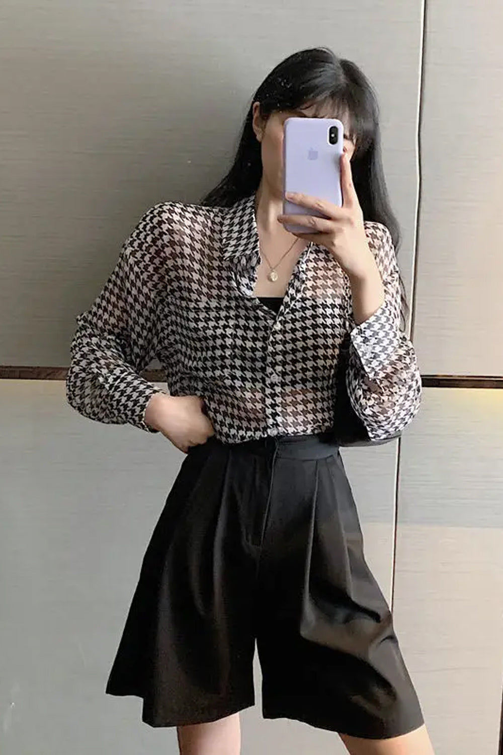 Long Sleeve Houndstooth Pattern Semi Transparent Shirts