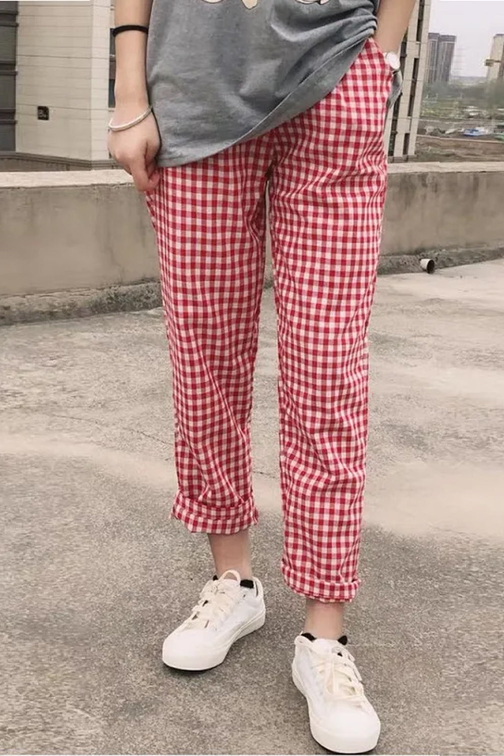 High Waist Casual Cotton Linen Plaid Pants