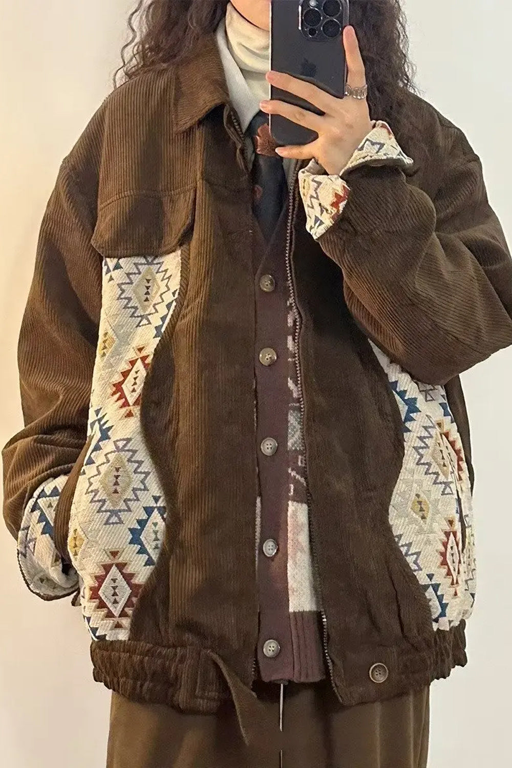 Retro Geometric Pattern Corduroy Jacket