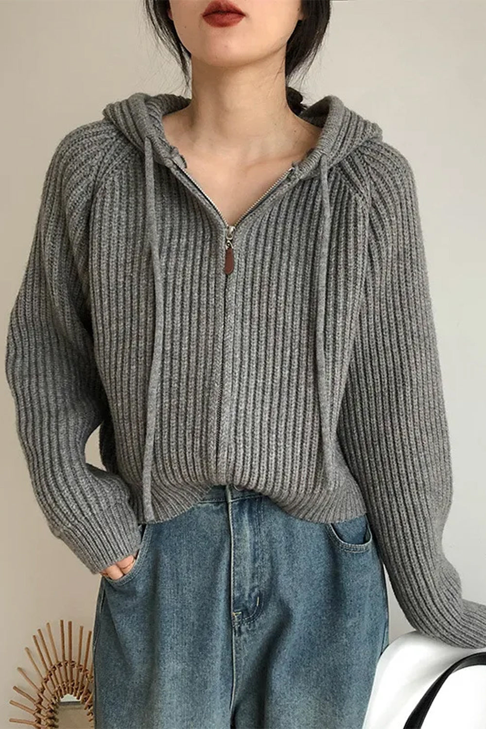 Long Sleeve Hooded Zip Up Knitted Sweater