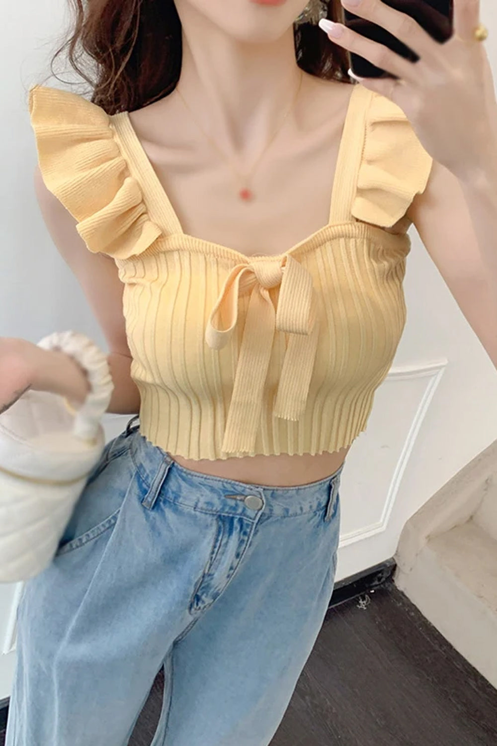 Square Neck Bow Tie Knitted Crop Tops