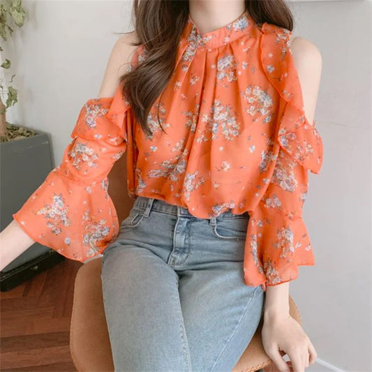 Sexy Ruffle Off Shoulder Flowers Pattern Blouse Shirts