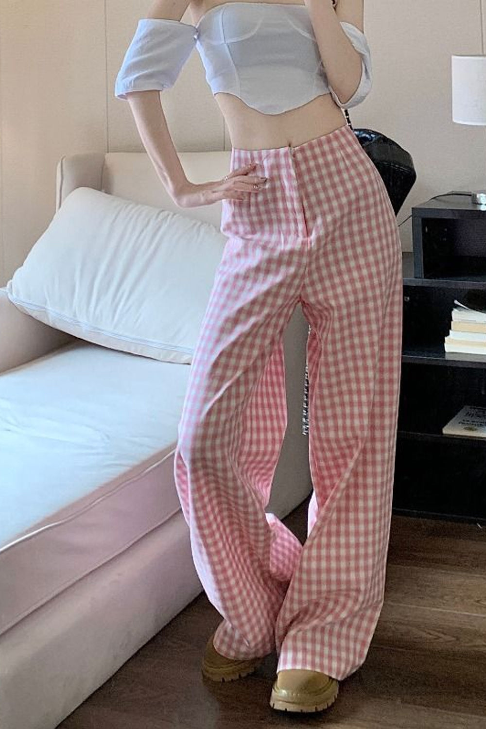 Loose Elegant Pink Plaid Pants