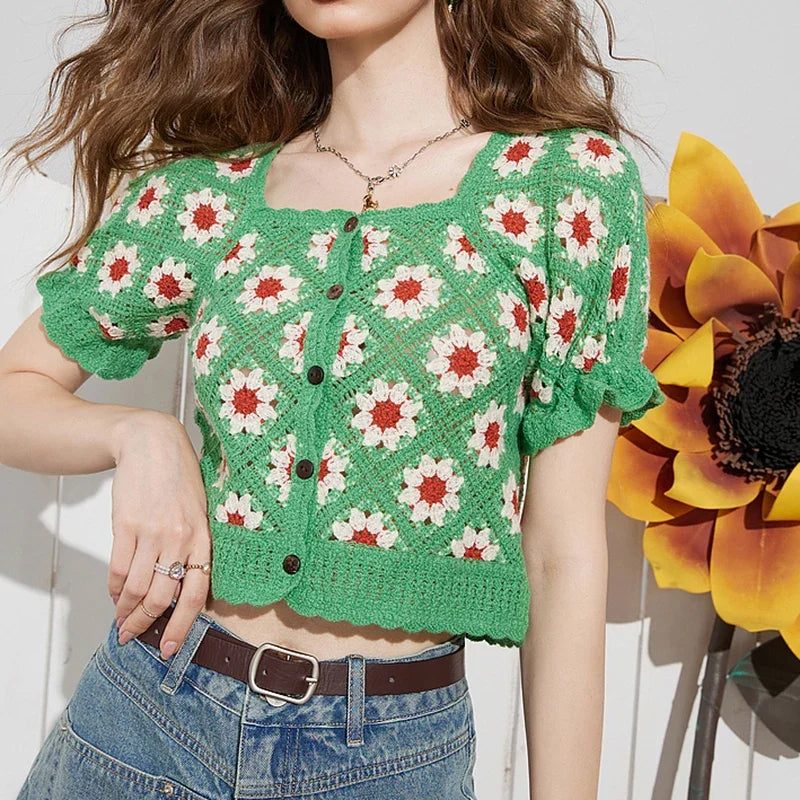 Square Collar Flowers Embroidered Knitted Ruffle Shirt