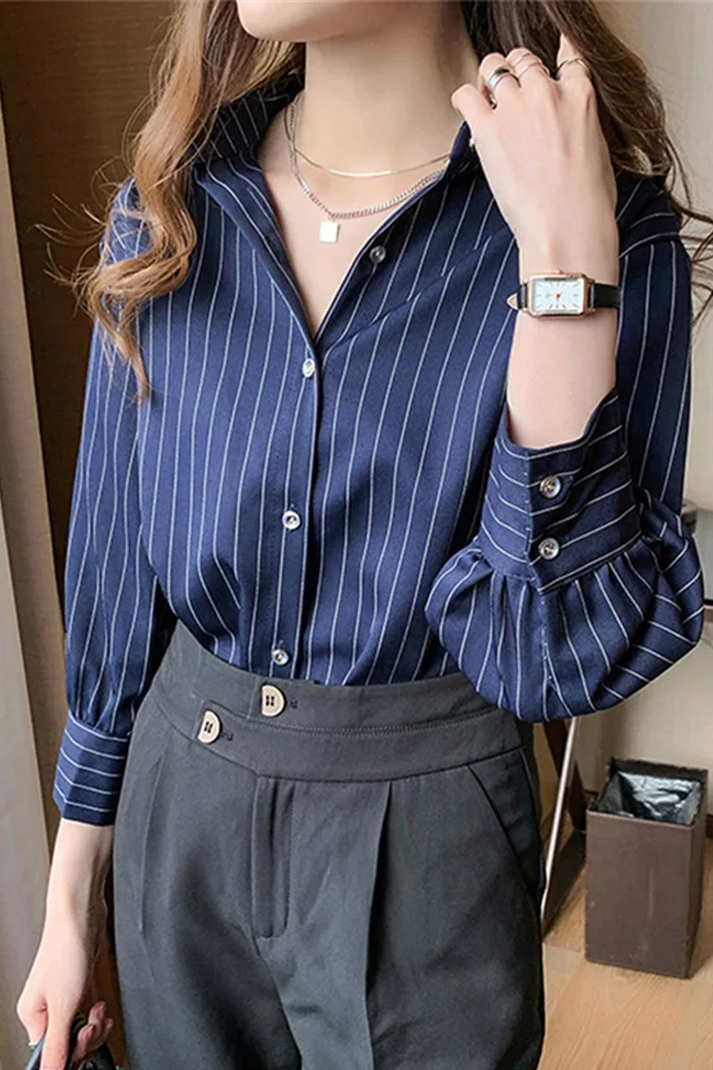 Long Sleeve Classic Striped Office Blouse Shirts