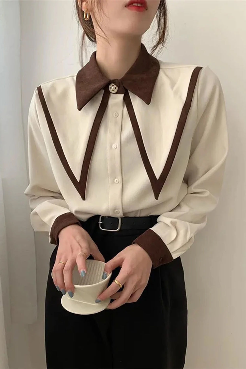 Long Sleeve Vintage Turn Down Collar Office Blouse Shirts