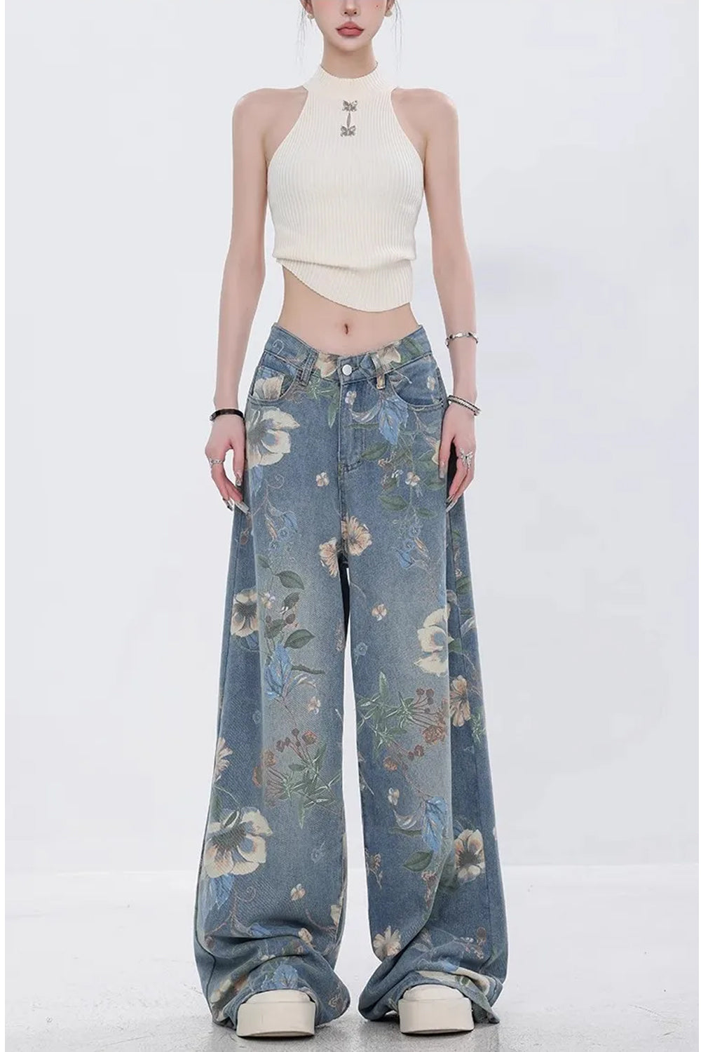 Loose Wide Leg Flowers Pattern Jeans Pants